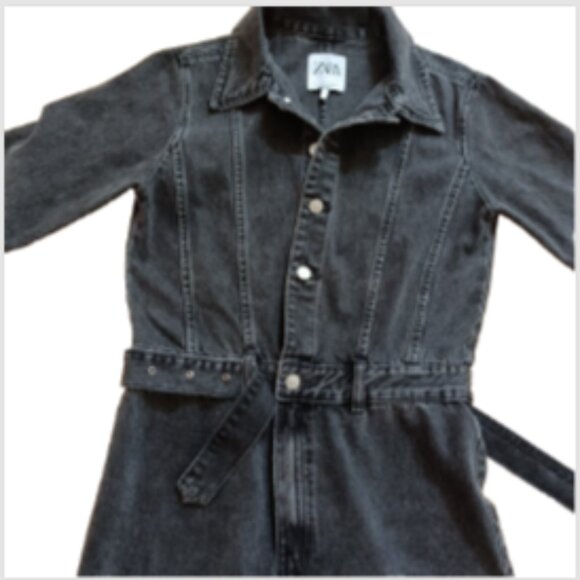 ZARA FULL LENGTH DENIM JUMPSUIT Long Sleeve Belted Collared Straight Leg M Black - Picture 7 of 16